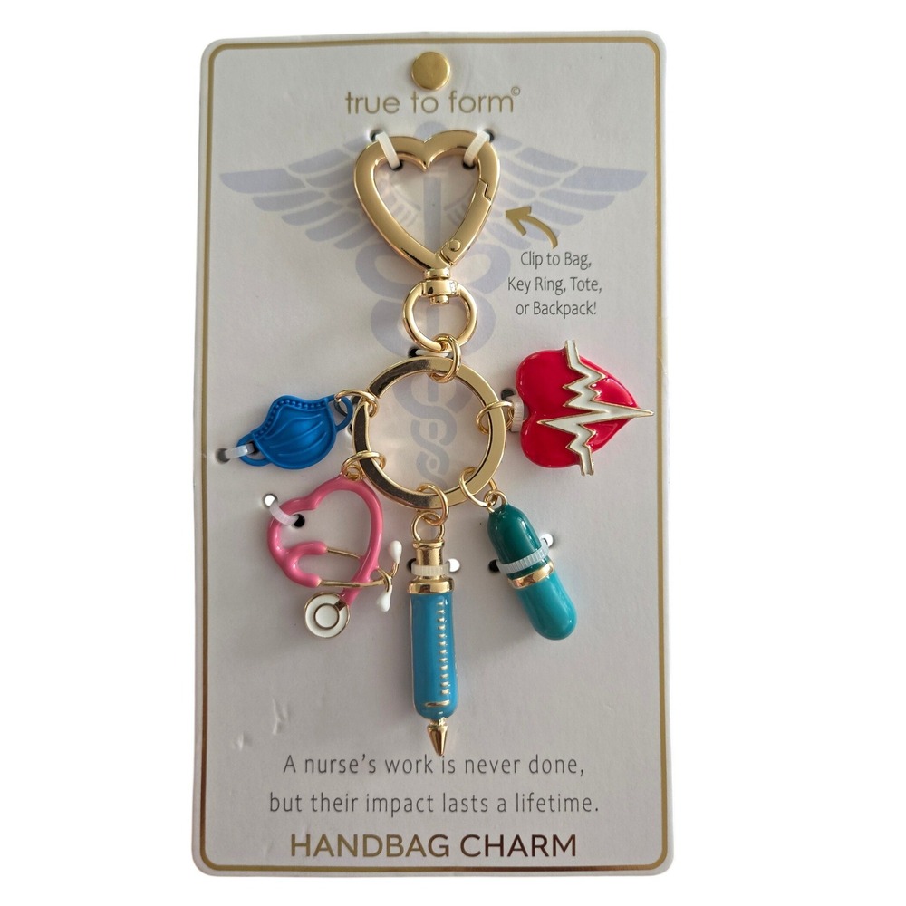 True To Form Nurse Handbag Charm Keychain Medical Stethoscope‎ Syringe Gold Tone
